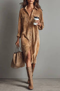 Loose Corduroy Double Chest Pocket Single Breasted Midi Dress