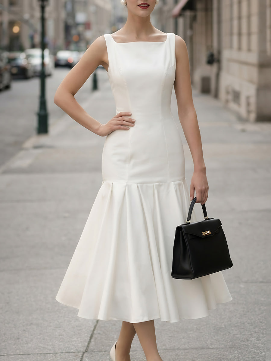 Square-Neck Fitted Midi Dress With Flared Hem