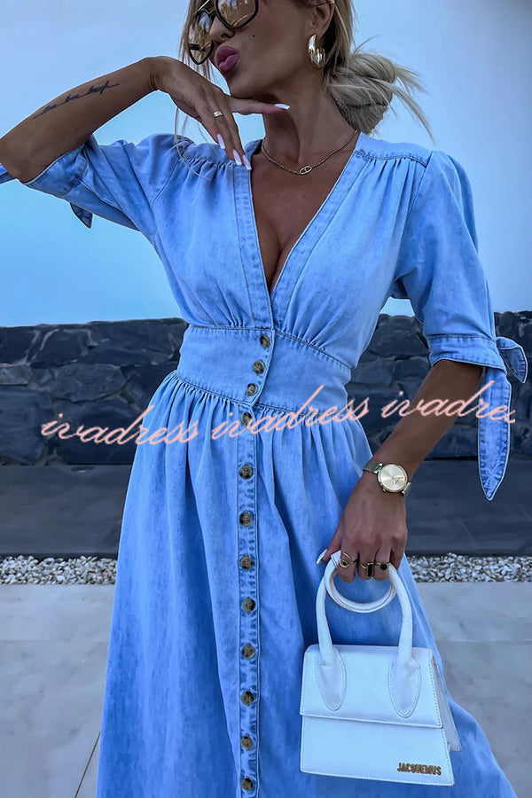In A Fun Way Denim Puff Tie-up Sleeve Button Midi Dress