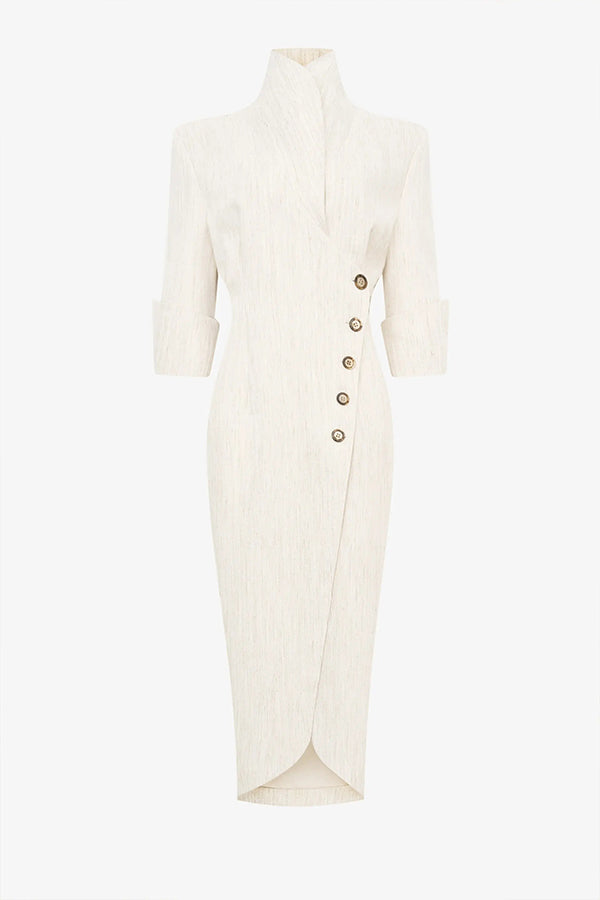 Elegant Look Linen Blend Stand Lapel Neck Half Sleeve Side Button Midi Dress