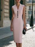 Sleeveless V-Neck Button-Front Tailored Midi Dress