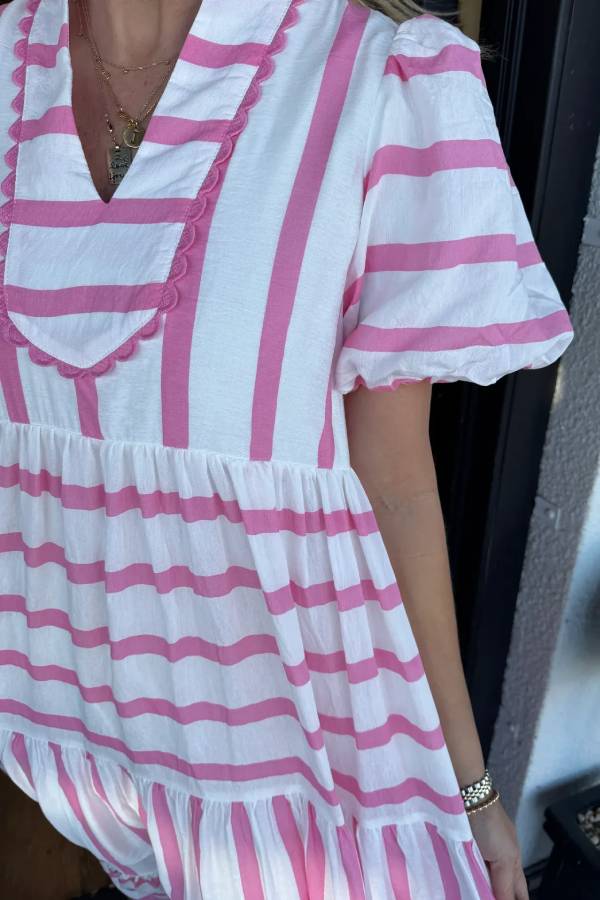 Women's Short Bubble Sleeve Striped Dress With Pockets