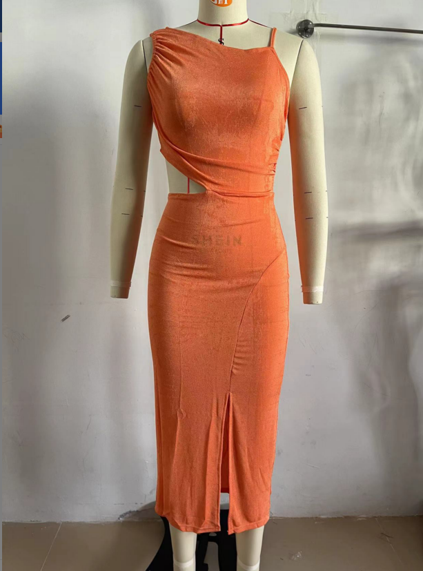 Single-Shoulder Suspender Solid Color Stretch Knitted Midi Dress