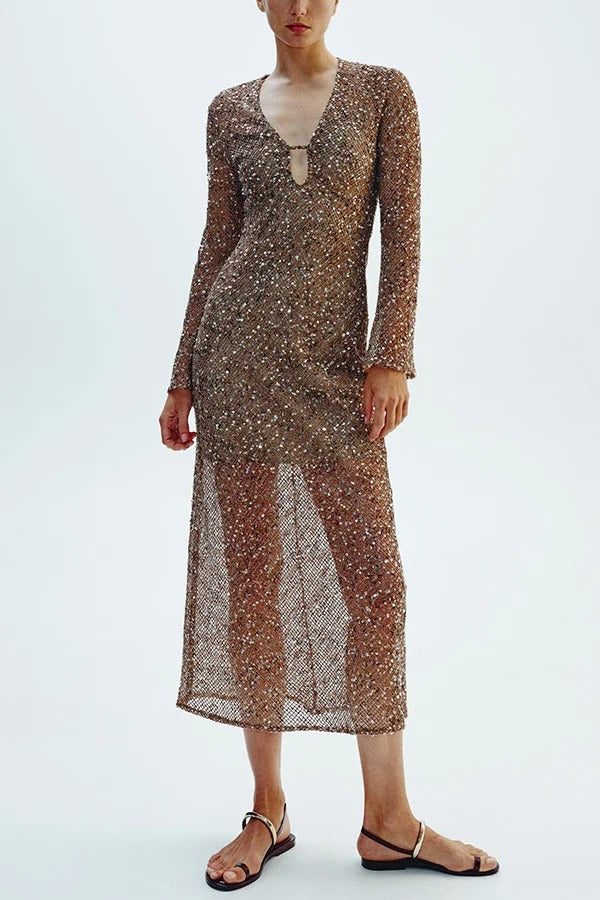 Fashion Sequined Hollow V-neck Long-sleeved Holiday Midi Dress