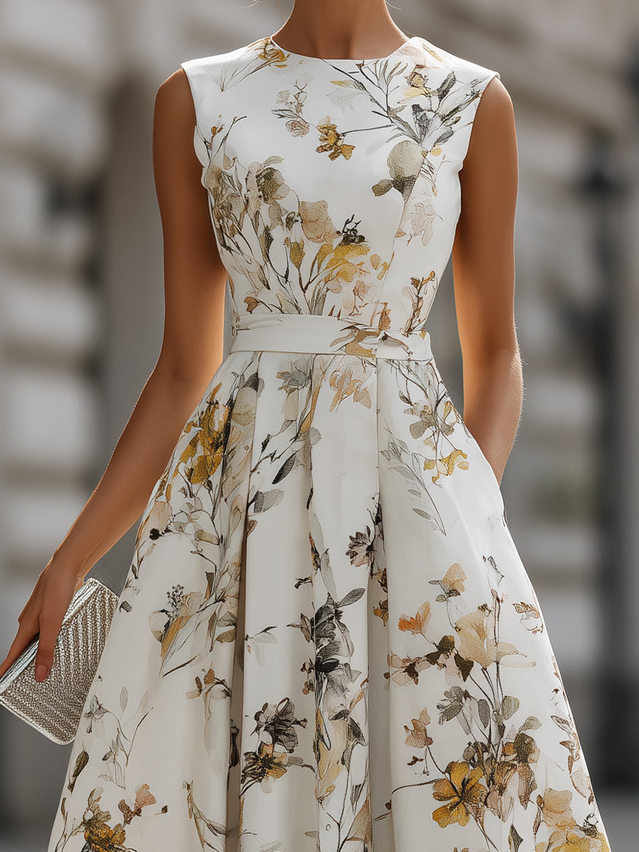 Sleeveless Belted Floral Midi Dress