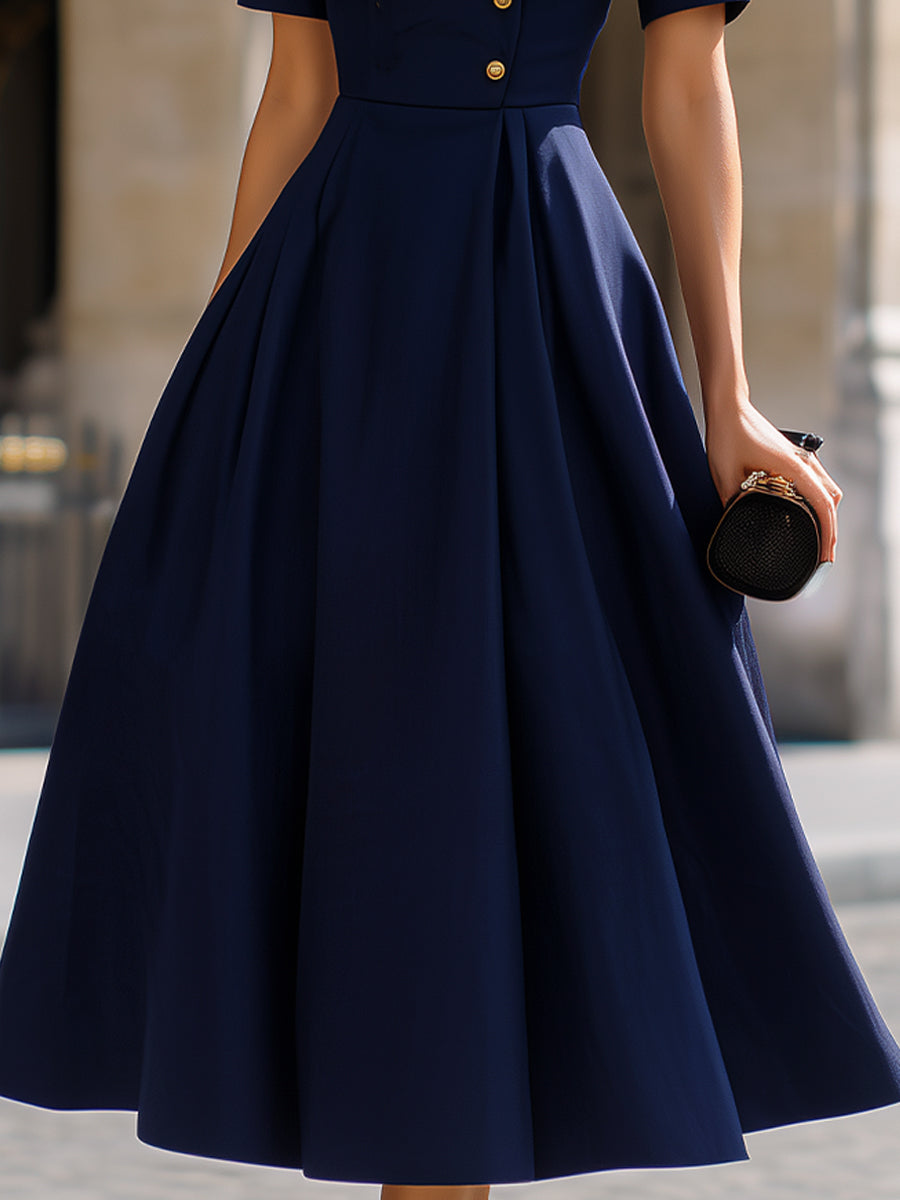 Navy Mandarin Collar Midi Dress