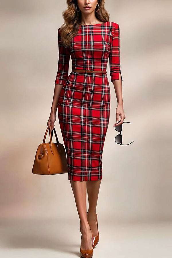 Plaid Print Half Sleeves Fitted Elegant Midi Dress
