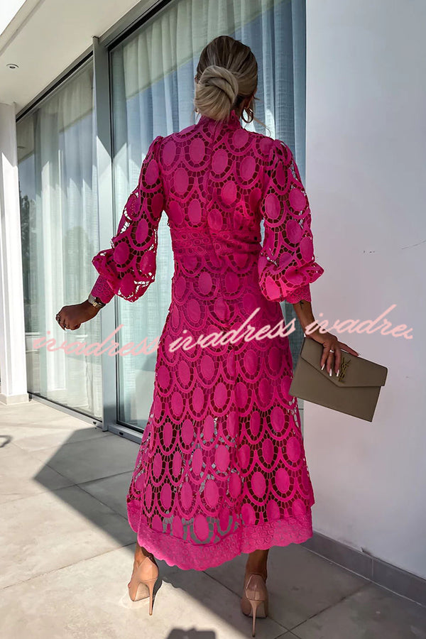Romantic. Sensual and Elegant Crochet Lace Lantern Sleeve Party Midi Dress