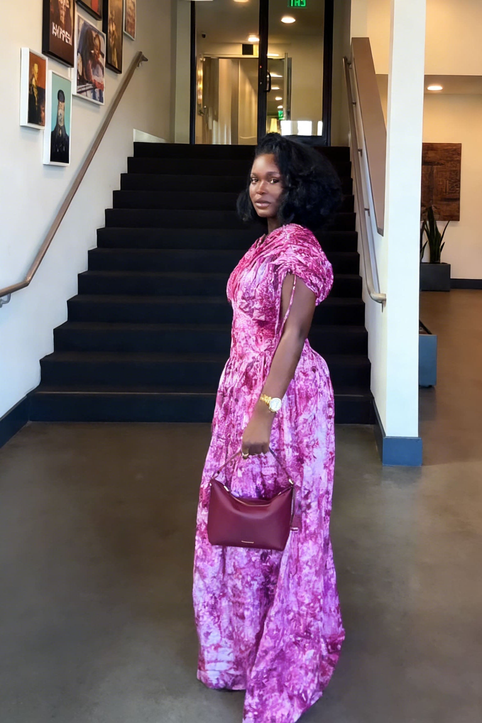 Fuchsia Tie-Dye V-Neck Puff Sleeve Maxi Dress