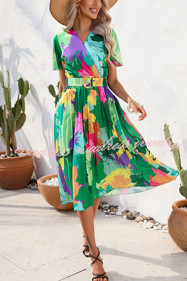 Paulette Contrast Floral Print Belted Pleated Midi Dress