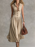 Luxurious Vintage High-quality Metal Buttons Sleeveless Midi Dress