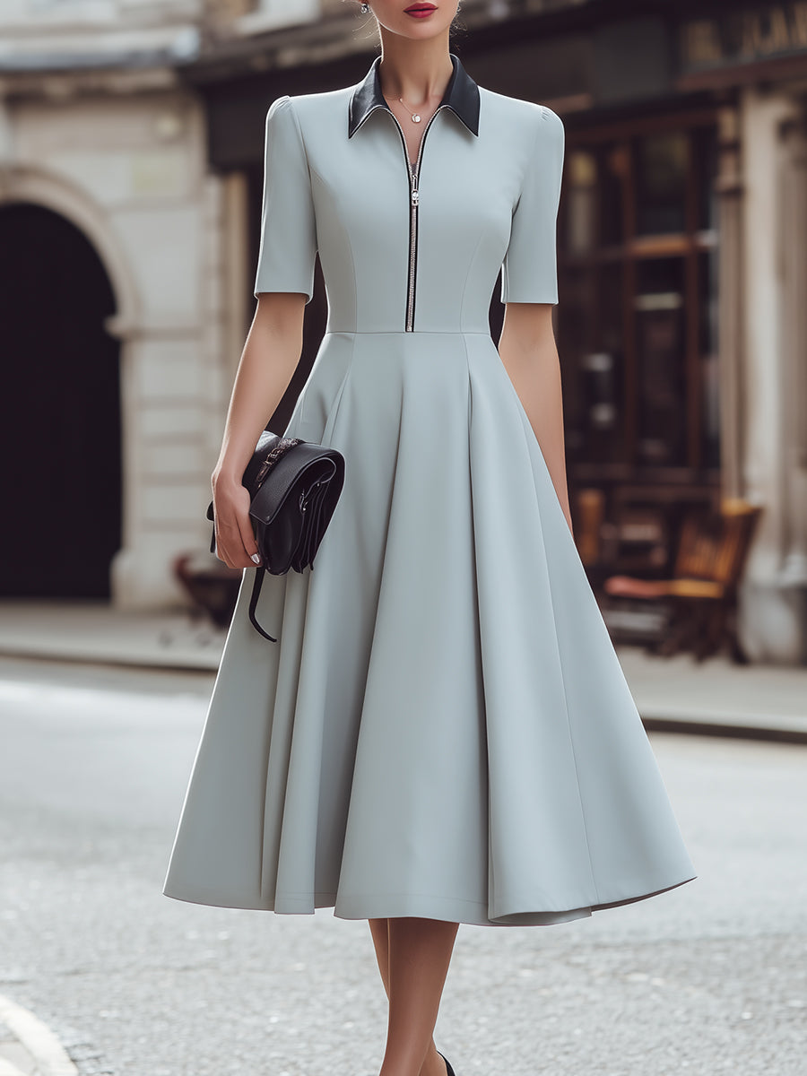 Zip Front Collared A-Line Midi Dress