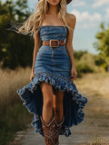 Festival Blue Ruffle Vintage Asymmetric Hem Denim Midi Dresses