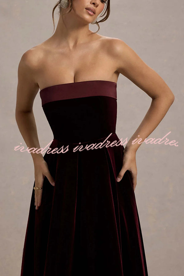 Center of Attention Velvet Satin Neck Bandeau Pleated Midi Dress