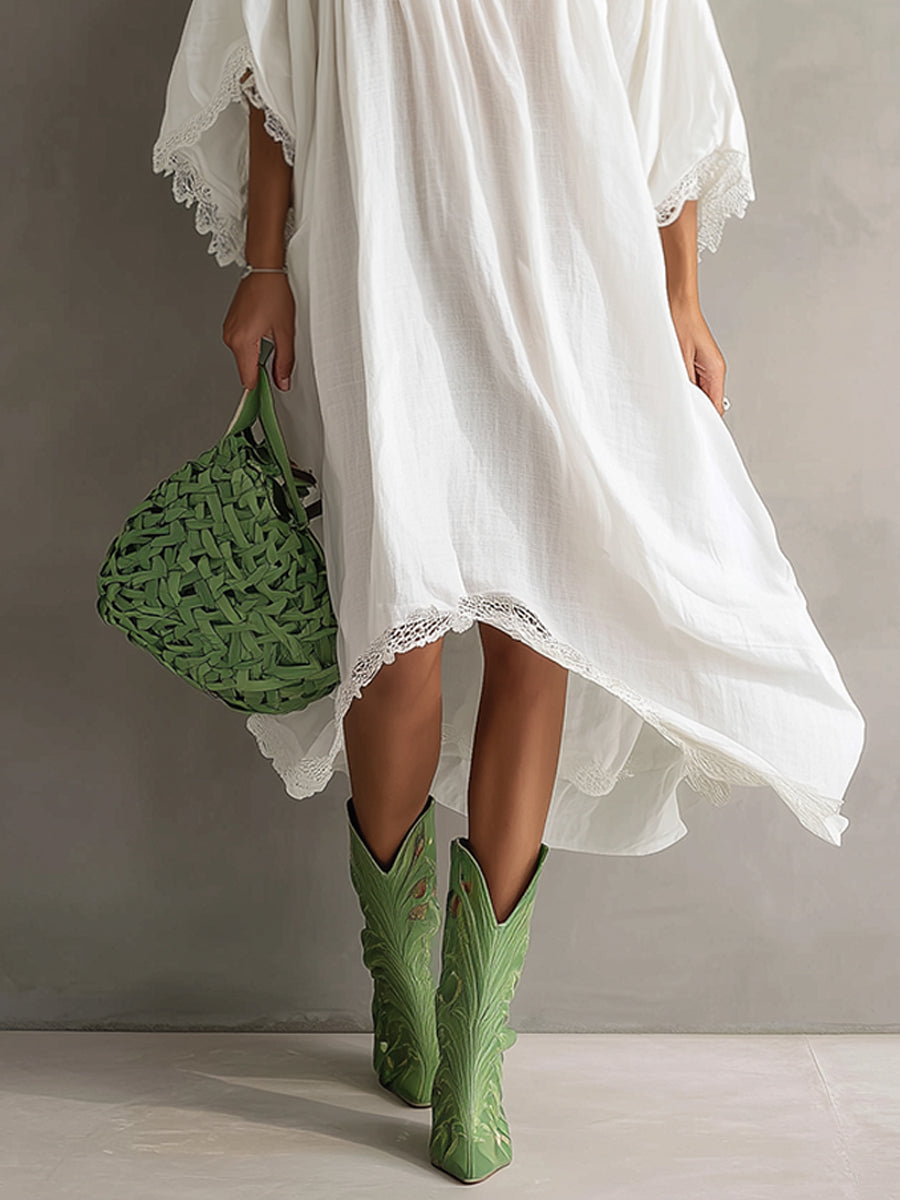 White Linen Blend Embroidered Loose Midi Dress With Lace Trim