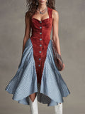 Western-style Retro Plaid Chiffon Red Faux Suede Sleeveless Midi Dress
