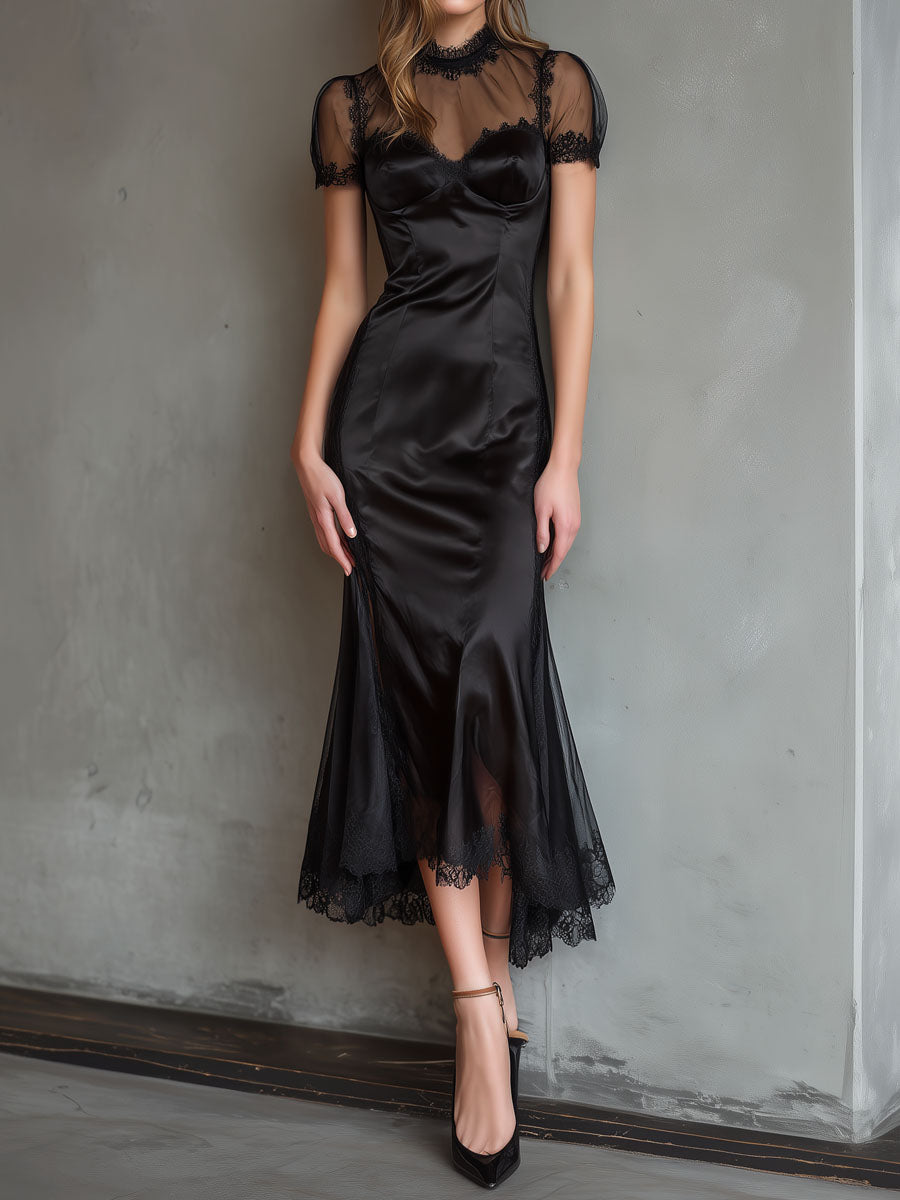 Black Satin & Sheer Short Sleeve Lace Gown Midi Dress