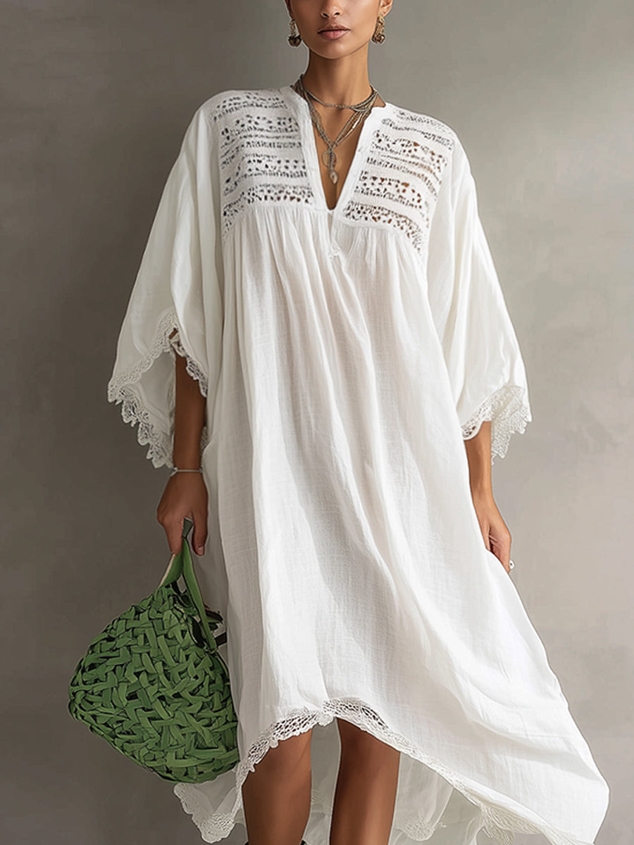 White Linen Blend Embroidered Loose Midi Dress With Lace Trim