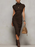 Chocolate Brown Satin Ruched Bodycon Midi Dress