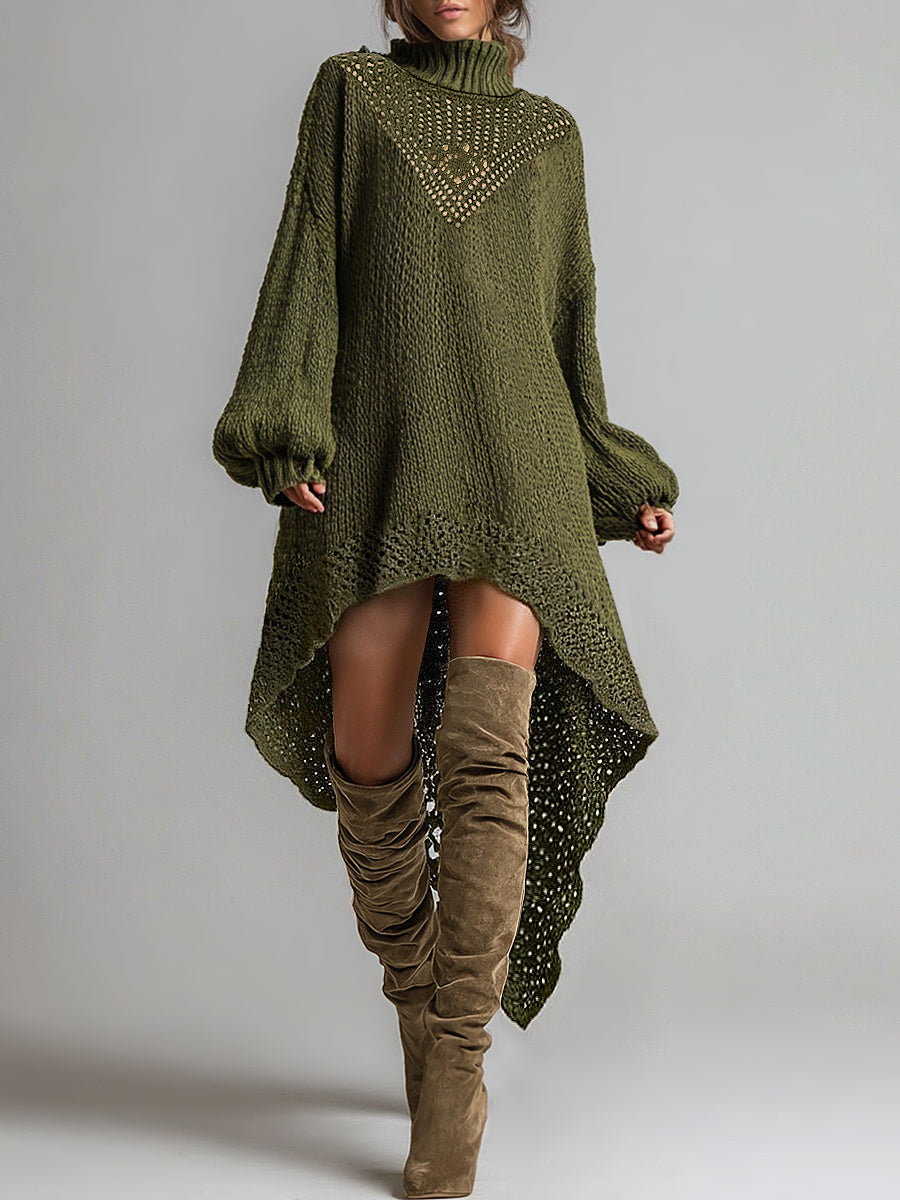 sheenchic Daily Army Green High Collar Lantern Sleeve Long Sleeve Asymmetric Hem Boho Strappy Crochet Midi Dresses
