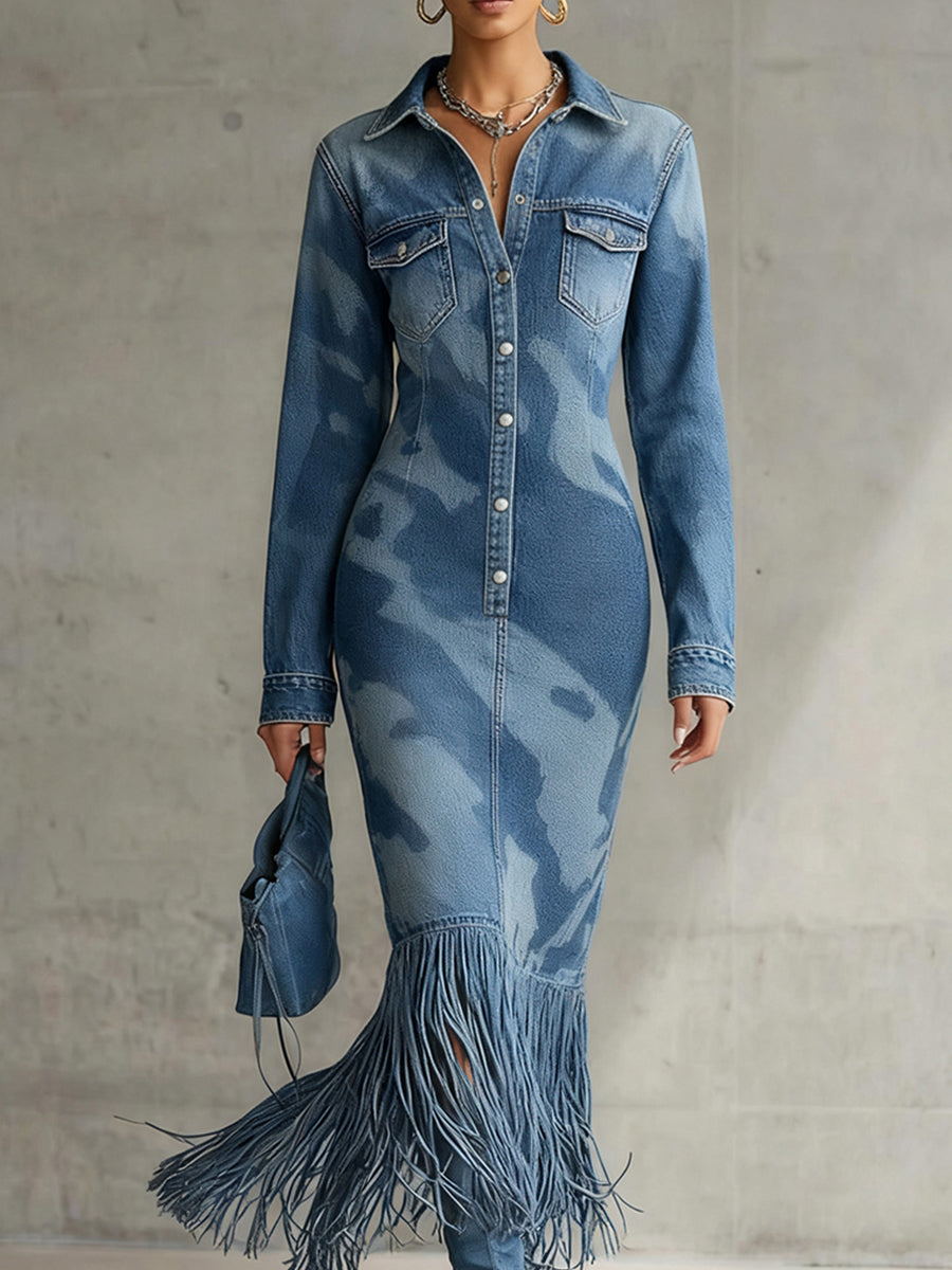 sheenchic Party Blue Camo Shirt Collar Long Sleeve Strappy Vintage Pocket Midi Dresses