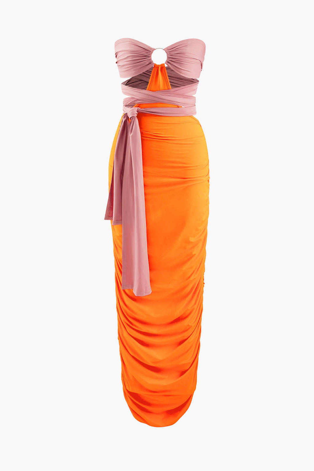 Contrast Tie Wrap Strapless Midi Dress