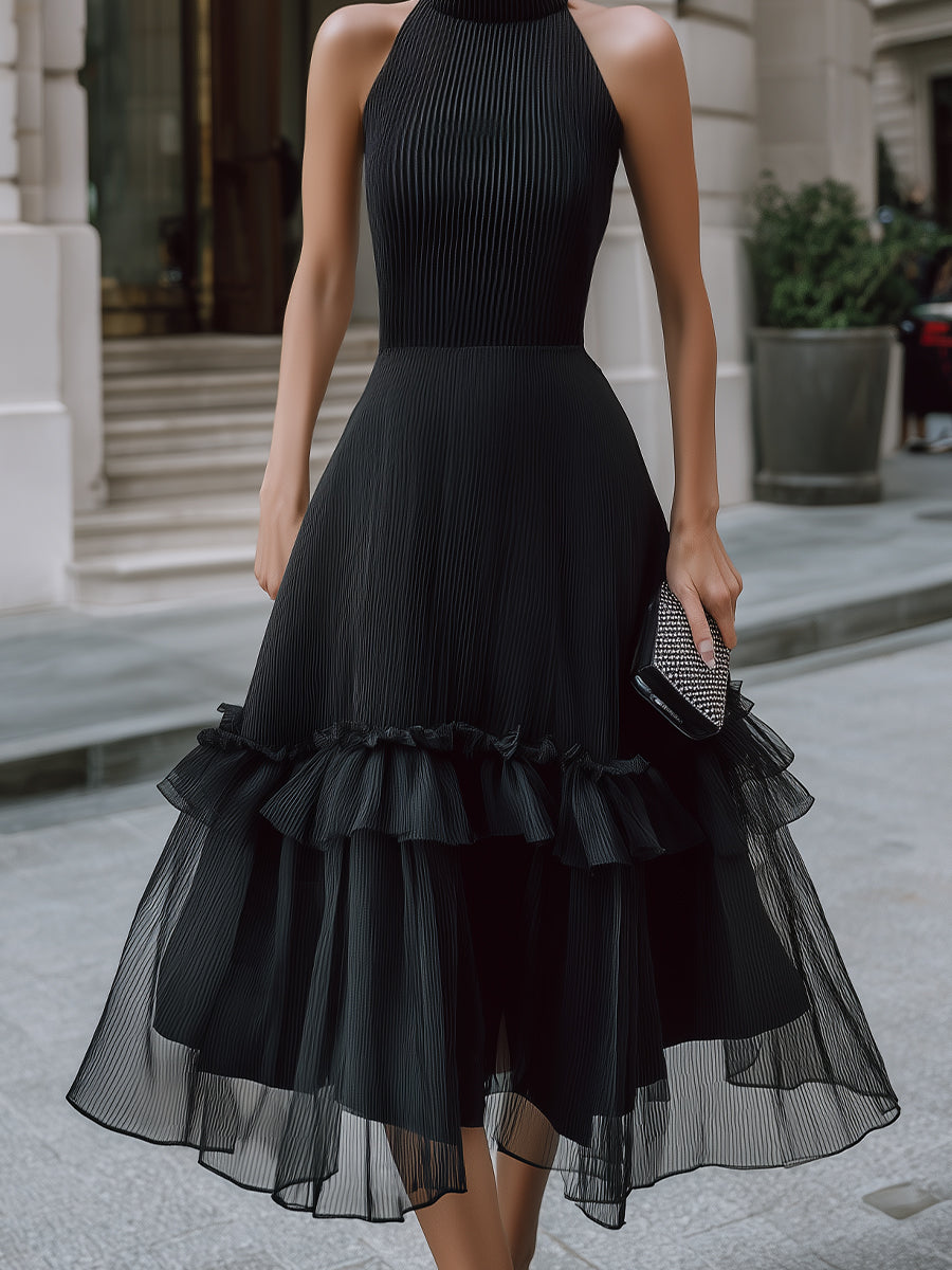 Alter Neck Pleated Midi Dress With Tiered Ruffle Hem
