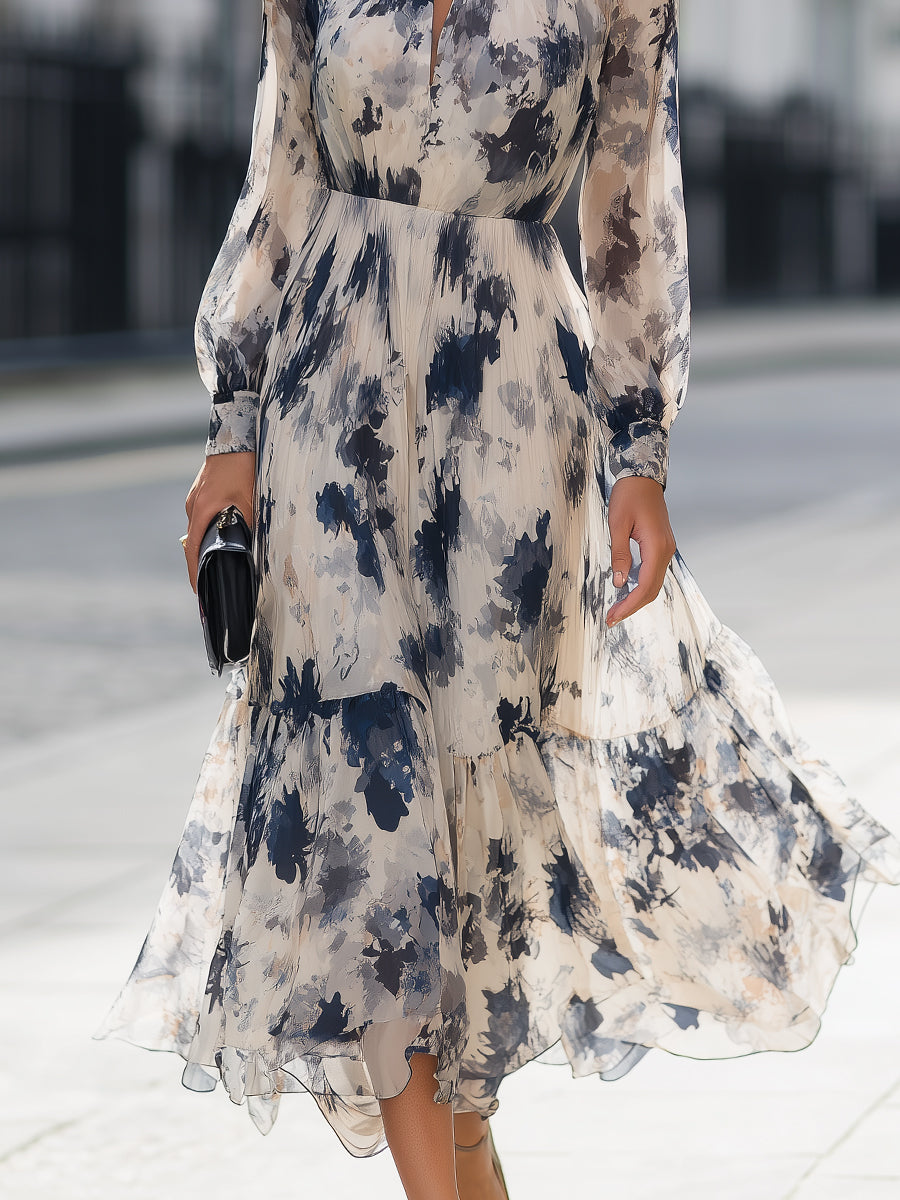 Long Sleeve Printed High-Neck Midi Dress
