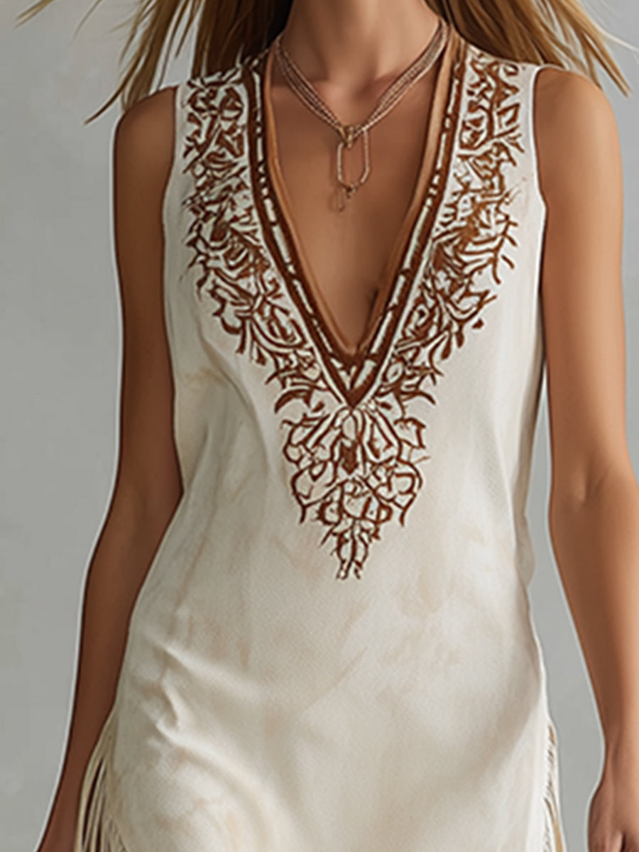 Retro Casual Embroidered White Faux Suede Fringed Midi Dress