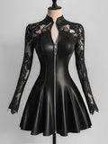 sheenchic PU Leather Lace Long Sleeve Zipper Mini Dress