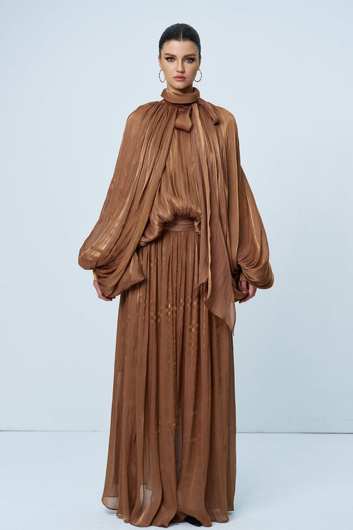 Anima Ruch Lace Up Balloon Sleeve Maxi Dress