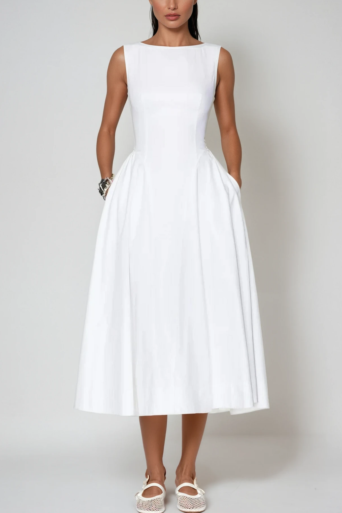 Argyle Ruffle Backless Midi Dress In White