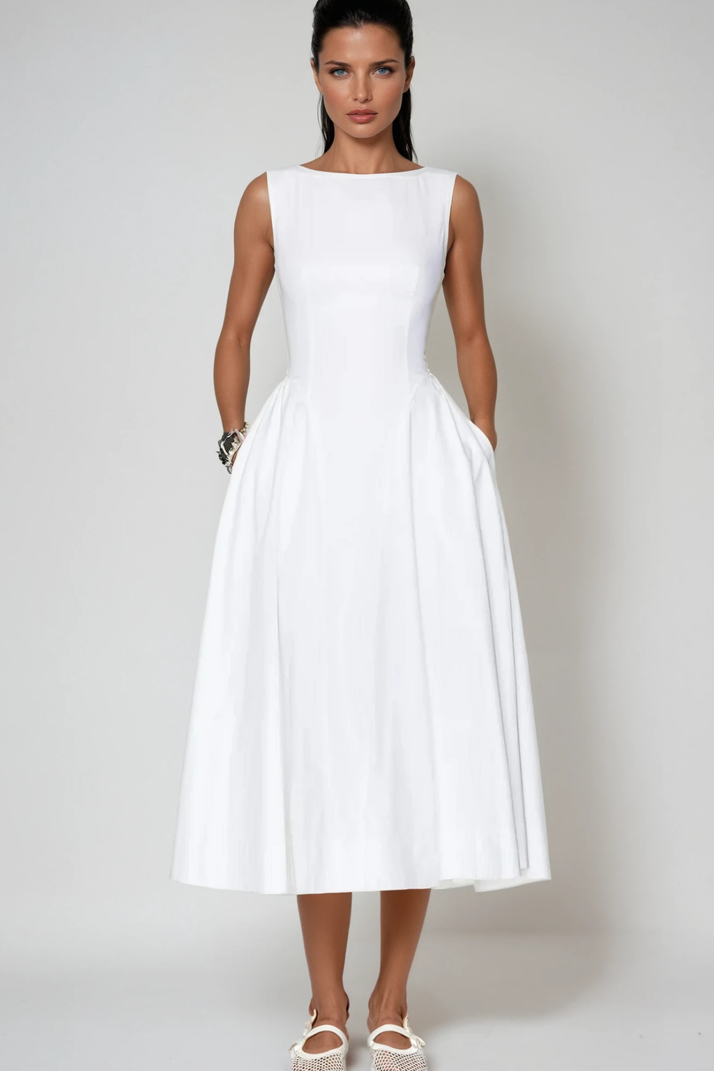 Argyle Ruffle Backless Midi Dress In White