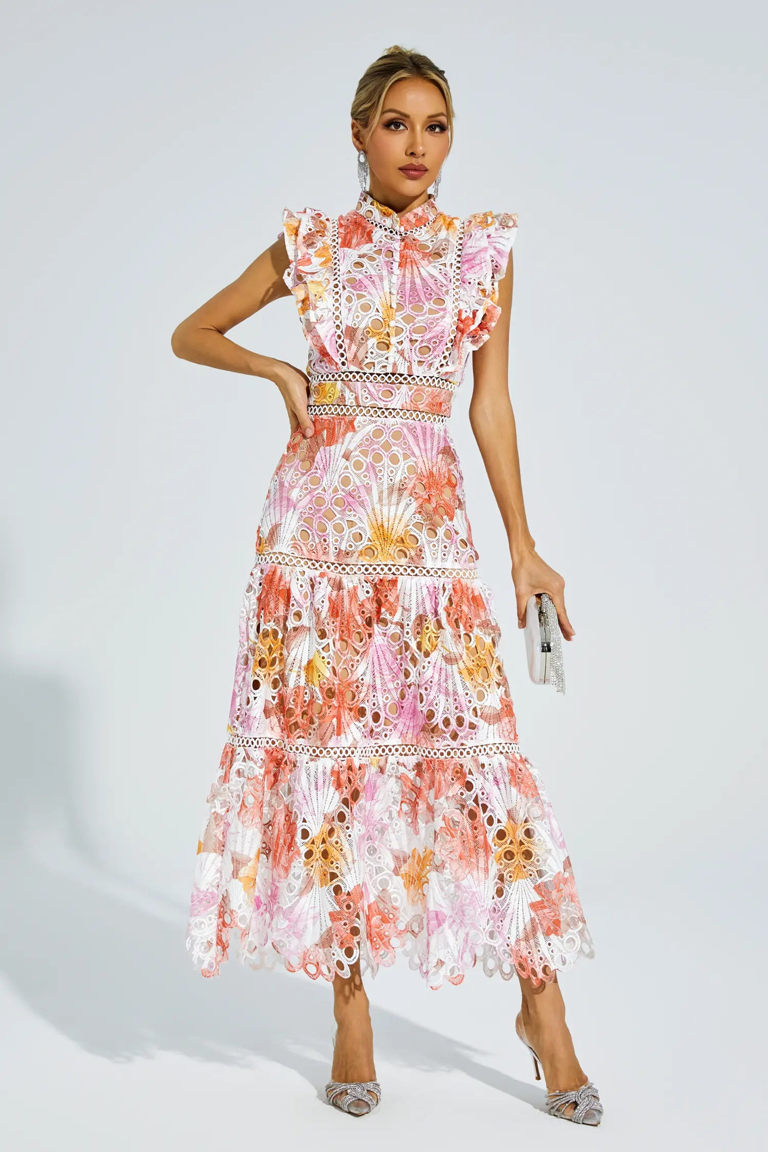 Ayleen Orange Hollow Sleeveless Midi Dress