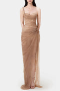 Inina Lace Corset One Shoulder Midi Dress - Brown