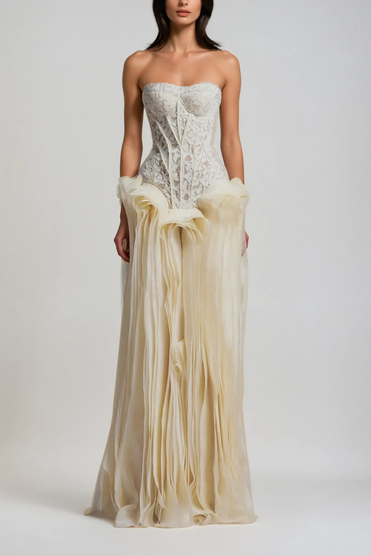 Blerta Strapless Corset Mesh Maxi Dress