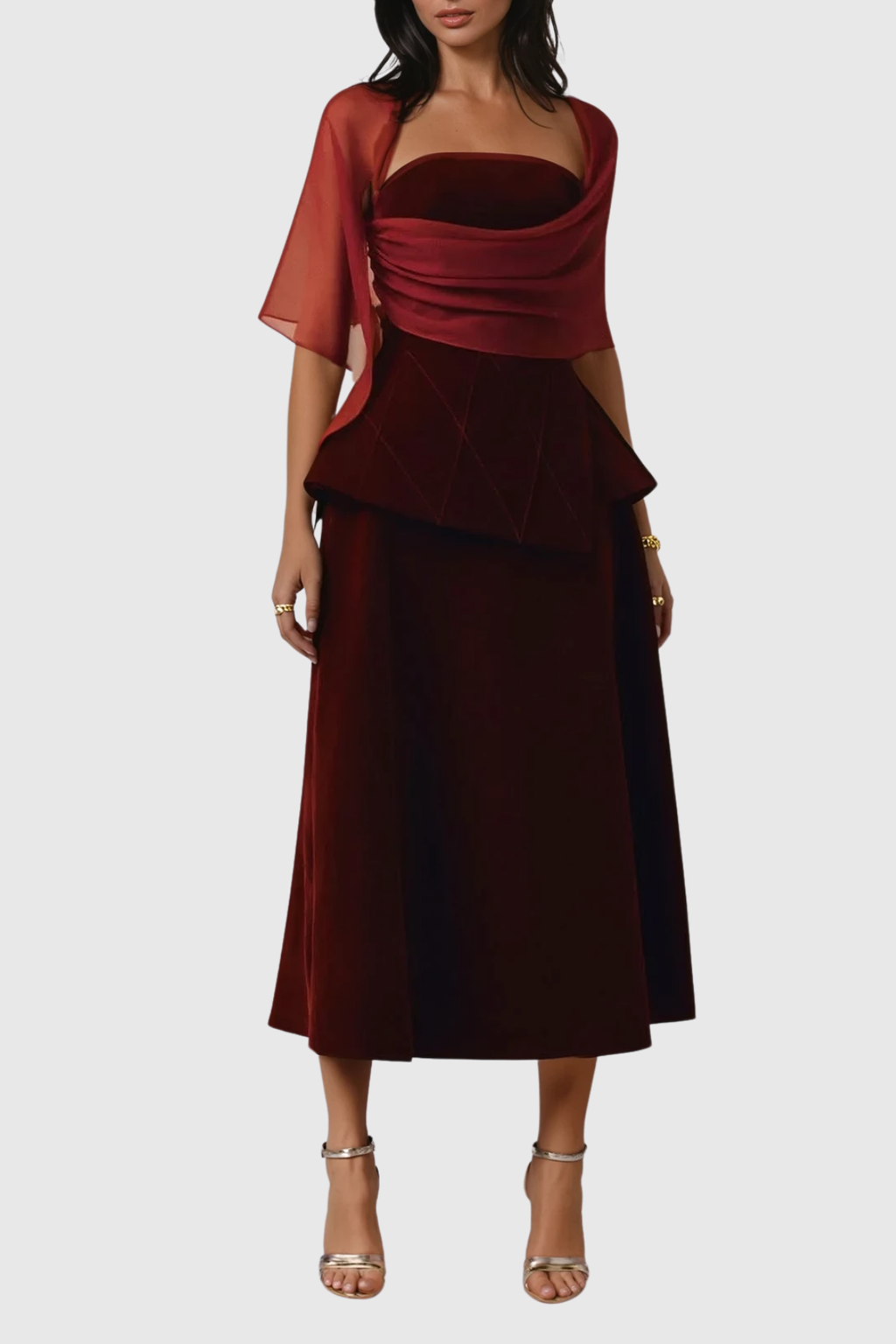 Bobbie Mesh Shawl Maxi Dress In Red
