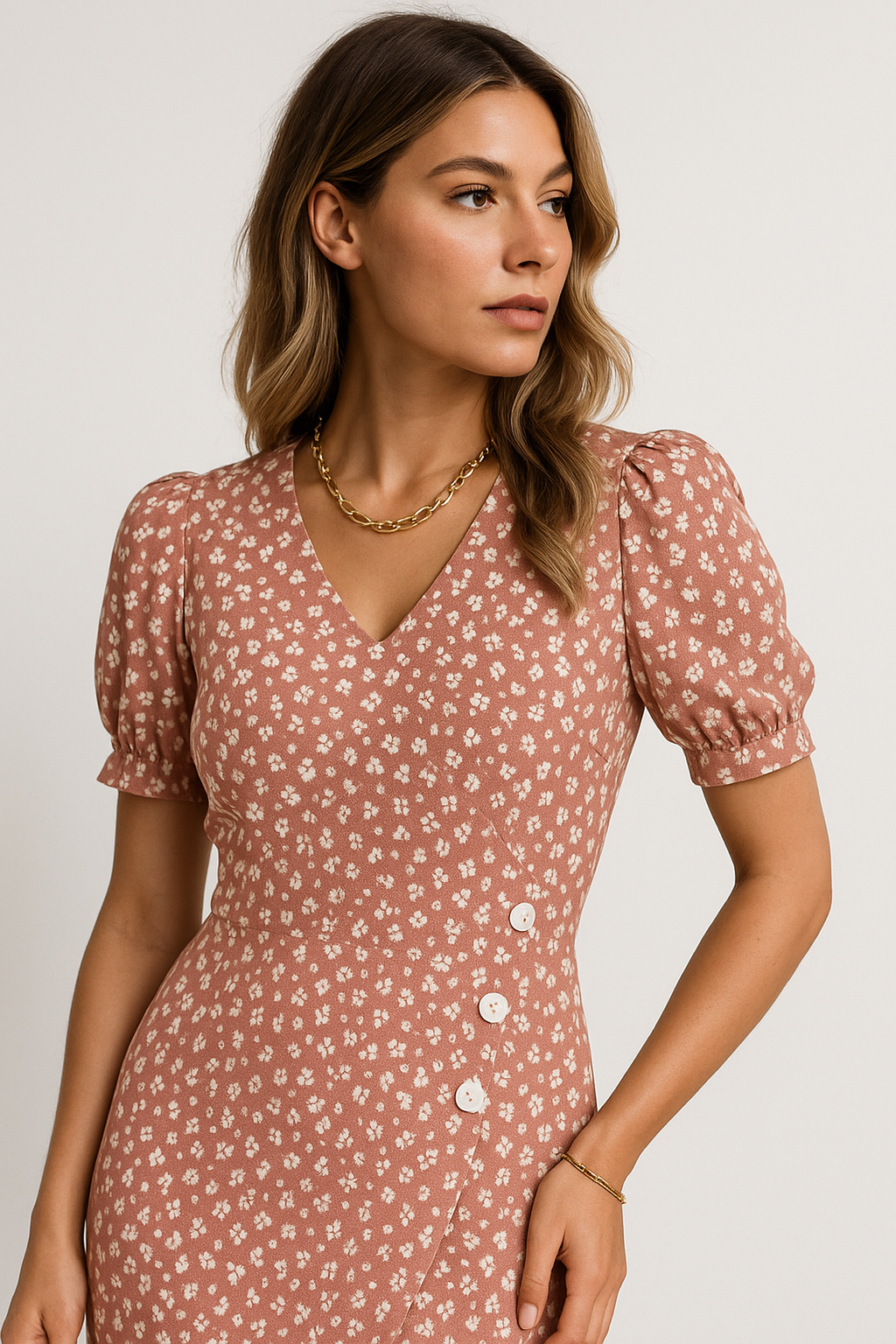 Maison V-Neck Midi Dress | Puff Sleeve | Wrap Detail