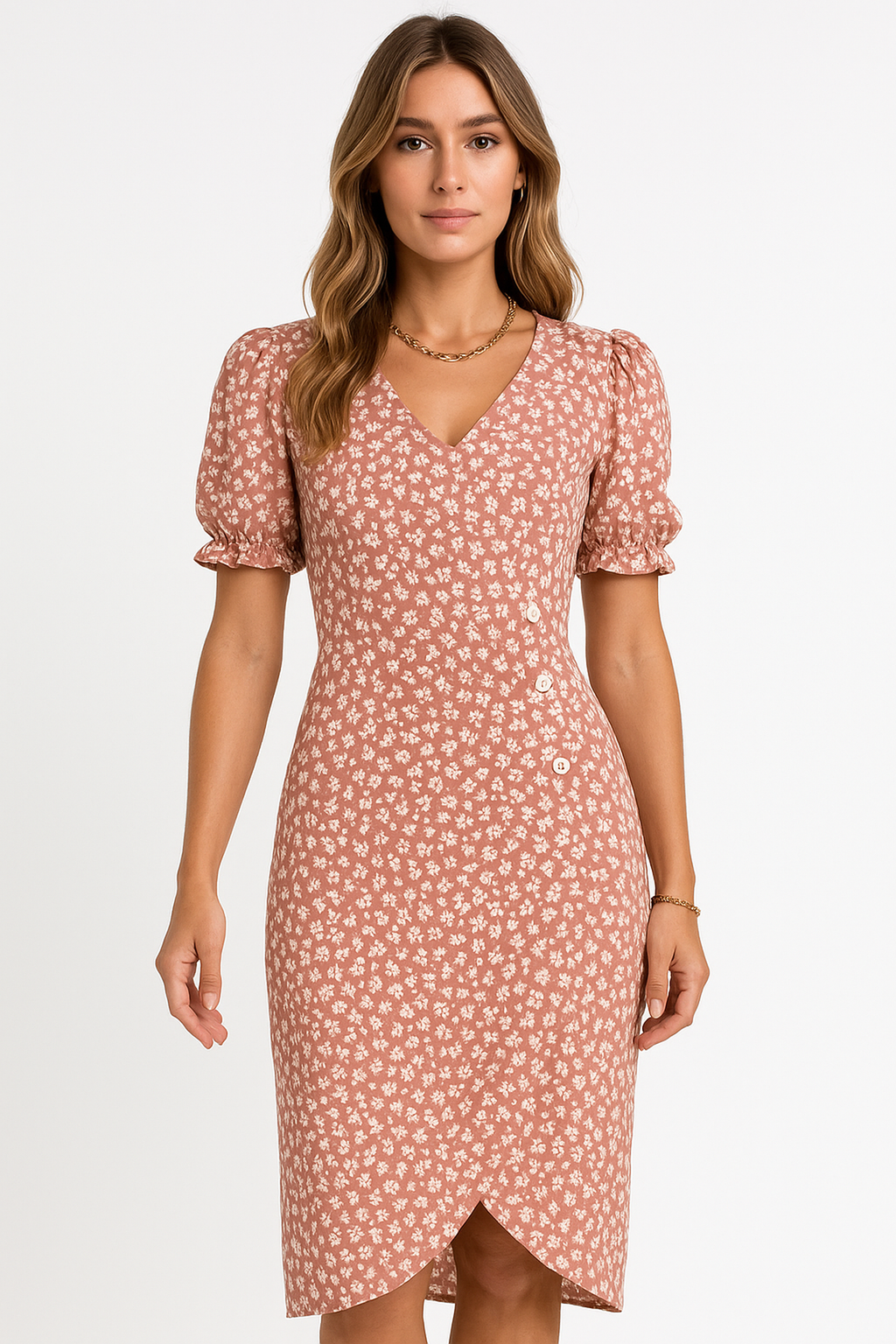 Maison V-Neck Midi Dress | Puff Sleeve | Wrap Detail