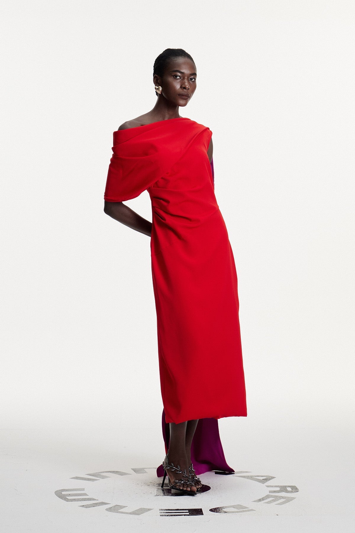 Candidus Shawl Ruch Asymmetric Midi Dress