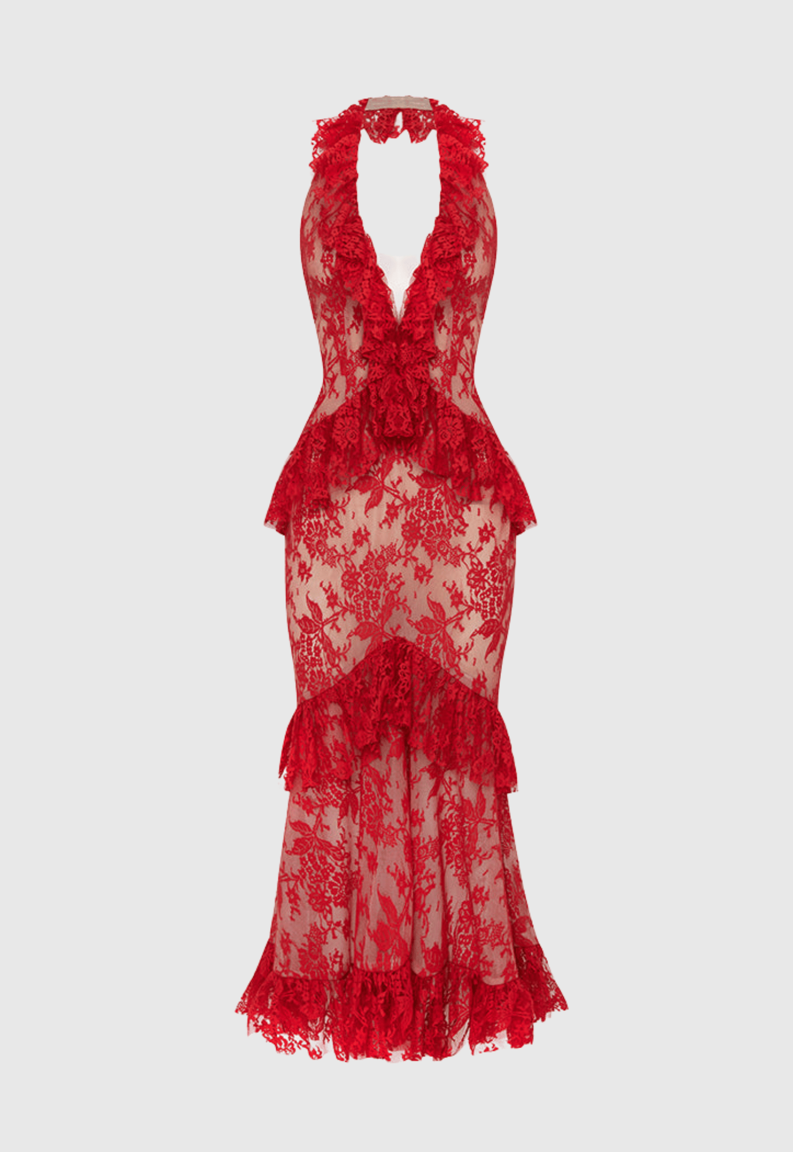 Carolynne Lace Halter Ruffle Midi Dress