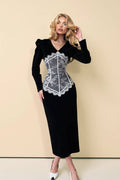 Velvet Splicing Lace Midi Dress