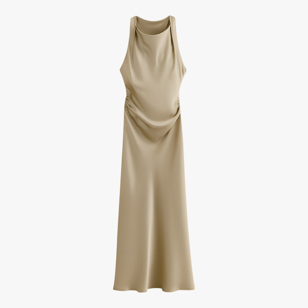 Nocturne Satin Midi Dress | Sleeveless Draped Neck Straight Fit