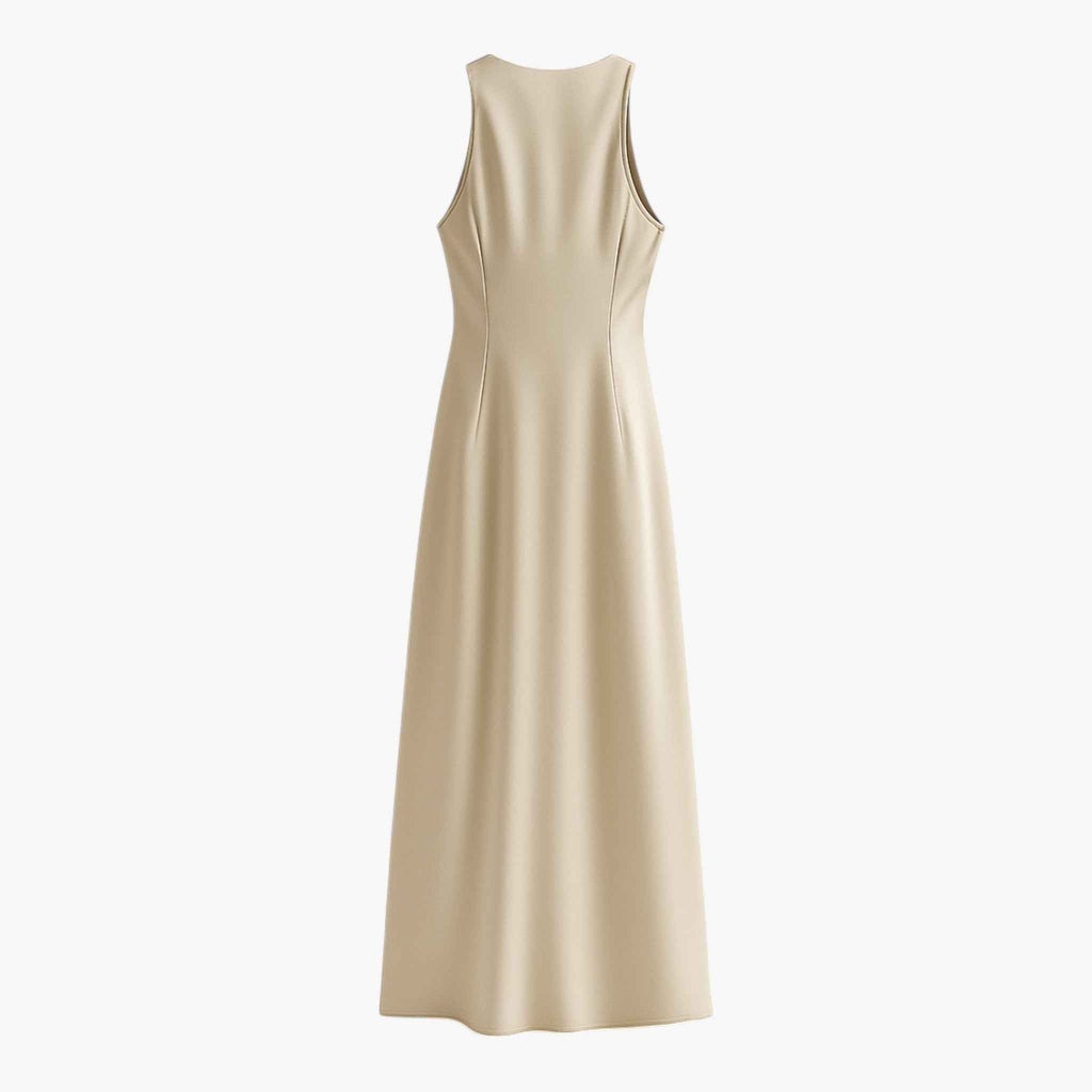 Nocturne Satin Midi Dress | Sleeveless Draped Neck Straight Fit