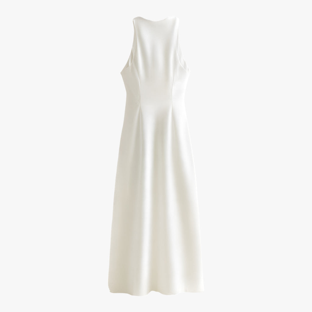 Nocturne Satin Midi Dress | Sleeveless Draped Neck A-Line Fit