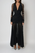 Dejana Plunge Ruch Mesh Maxi Dress