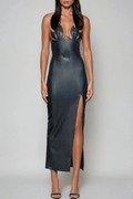 Diantha Asymmetric Leather Split Midi Dress