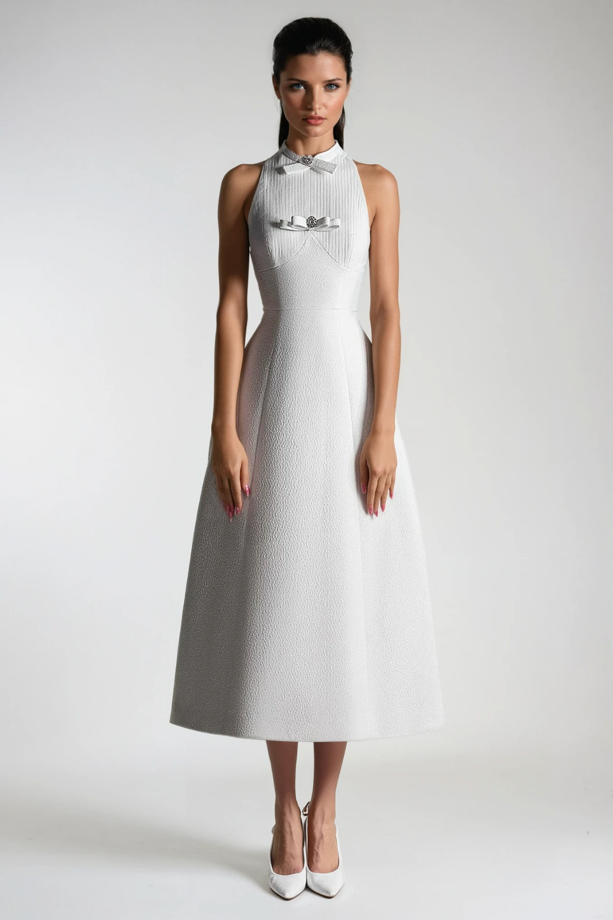 Doretta Sleeveless Embellished Bow Midi Dress