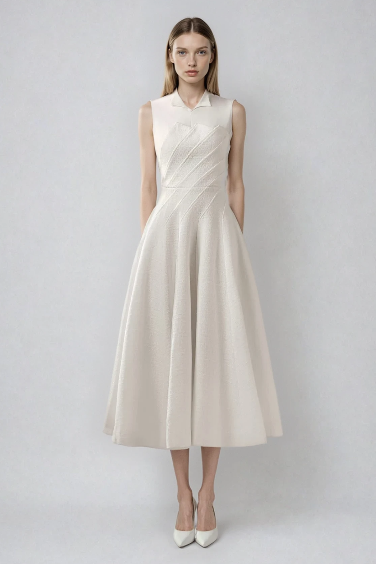 Drorit Lapel Sleeveless Flared Midi Dress