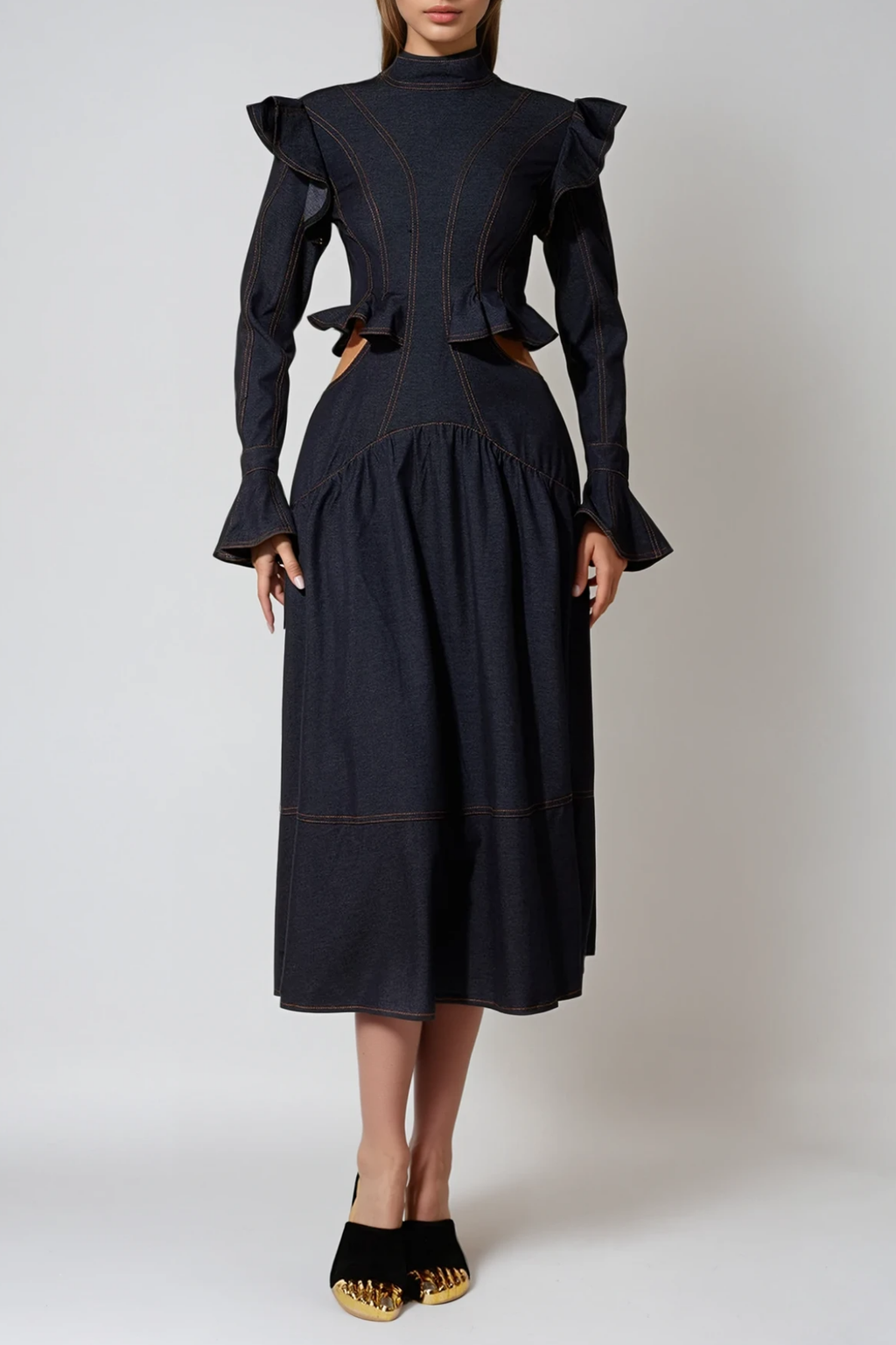 Drusa Cutout Ruffle Denim Midi Dress